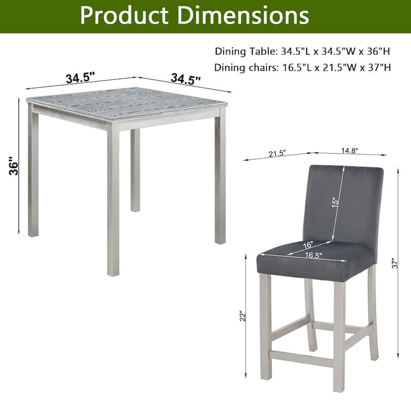 5 Piece Counter Height Table Set,Wooden Table Set with Square Table and 4 Upholstered Chairs,Table with Crystal Decoration