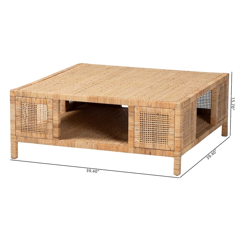 Kalimantan Bohemian Light Honey Rattan and Mahogany Wood Square Coffee Table