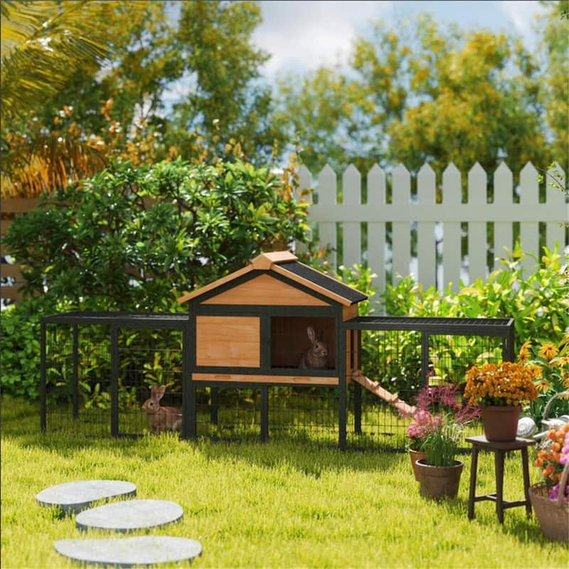 Large Wooden Bunny Hutch with Steel Run Box and Weather-Resistant Roof Multiple Doors - 85.4" W x 20.9" D x 33.9" H