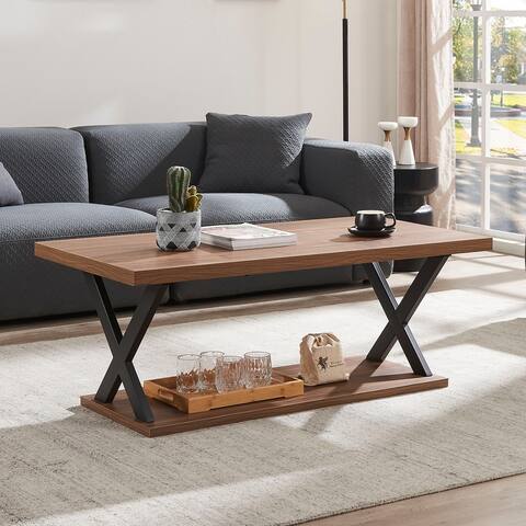 Double-Layer X Coffee Table with Storage - Walnut
