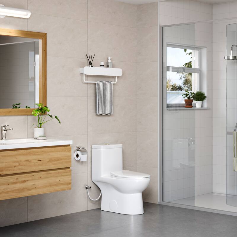 HOROW 1 Piece Dual Flush Elongated Toilet White 0.8 1.28 GPF Seat Included Brushed Gold Button