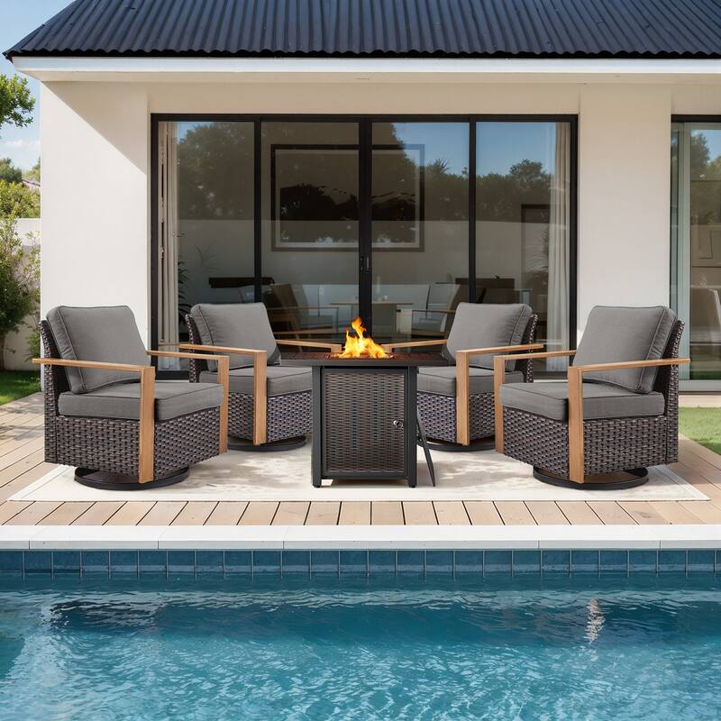 Meyreso 5-Piece Wicker Swivel Glider Metal Fire Pit Set with Plush 4.5" Olefin Cushions