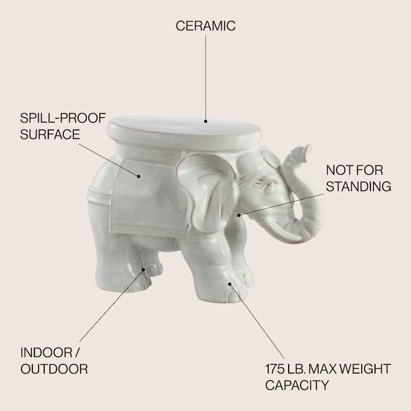 White Elephant 14.2" Ceramic Garden Stool, White by JONATHAN Y