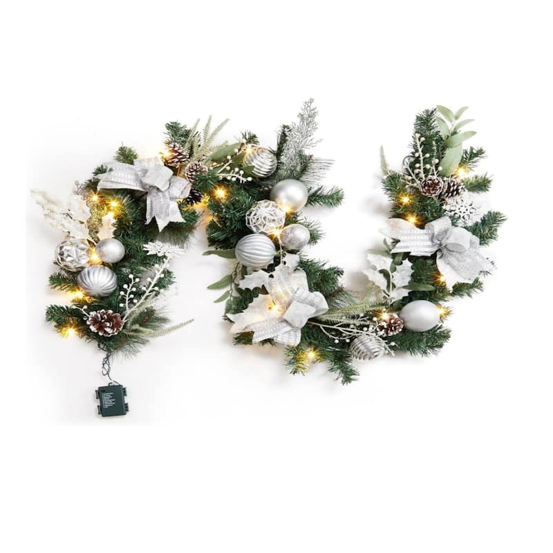 6-Foot Pre-Lit Christmas Wreath With 20 Leds Battery Powered Silver-White With Timer Suitable - N/A - Silver
