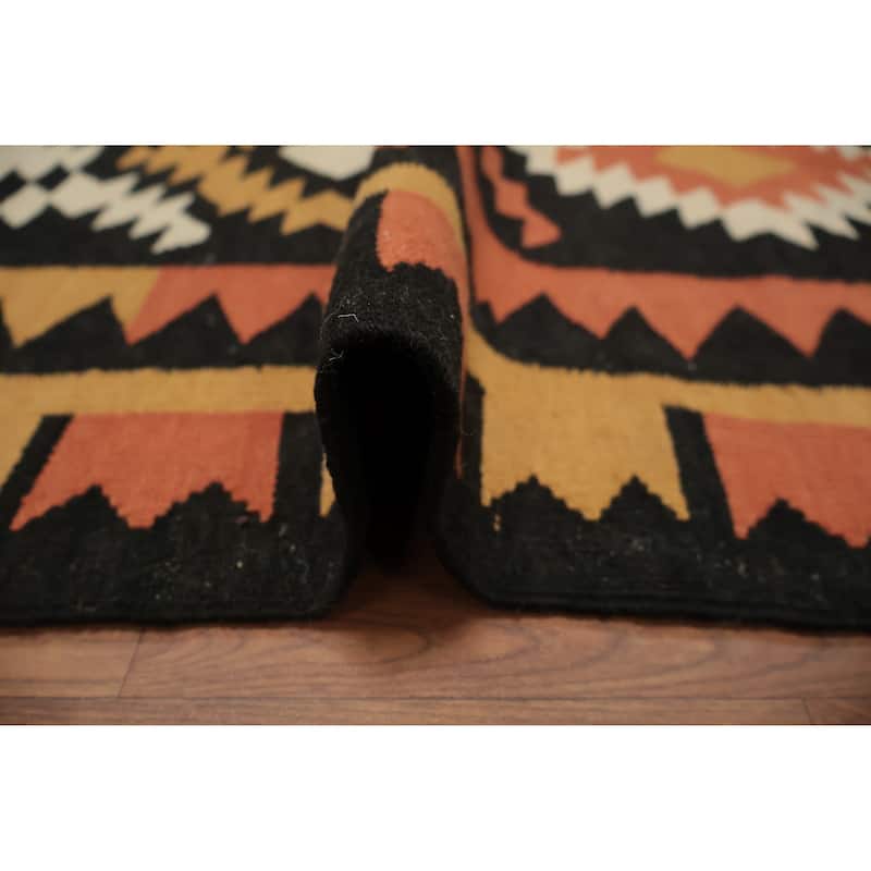 Hand Woven Oriental 100% Wool Carpet Southwestern Tribal Black Kilim Runner Rug - 9' 6'' X 3' 3''