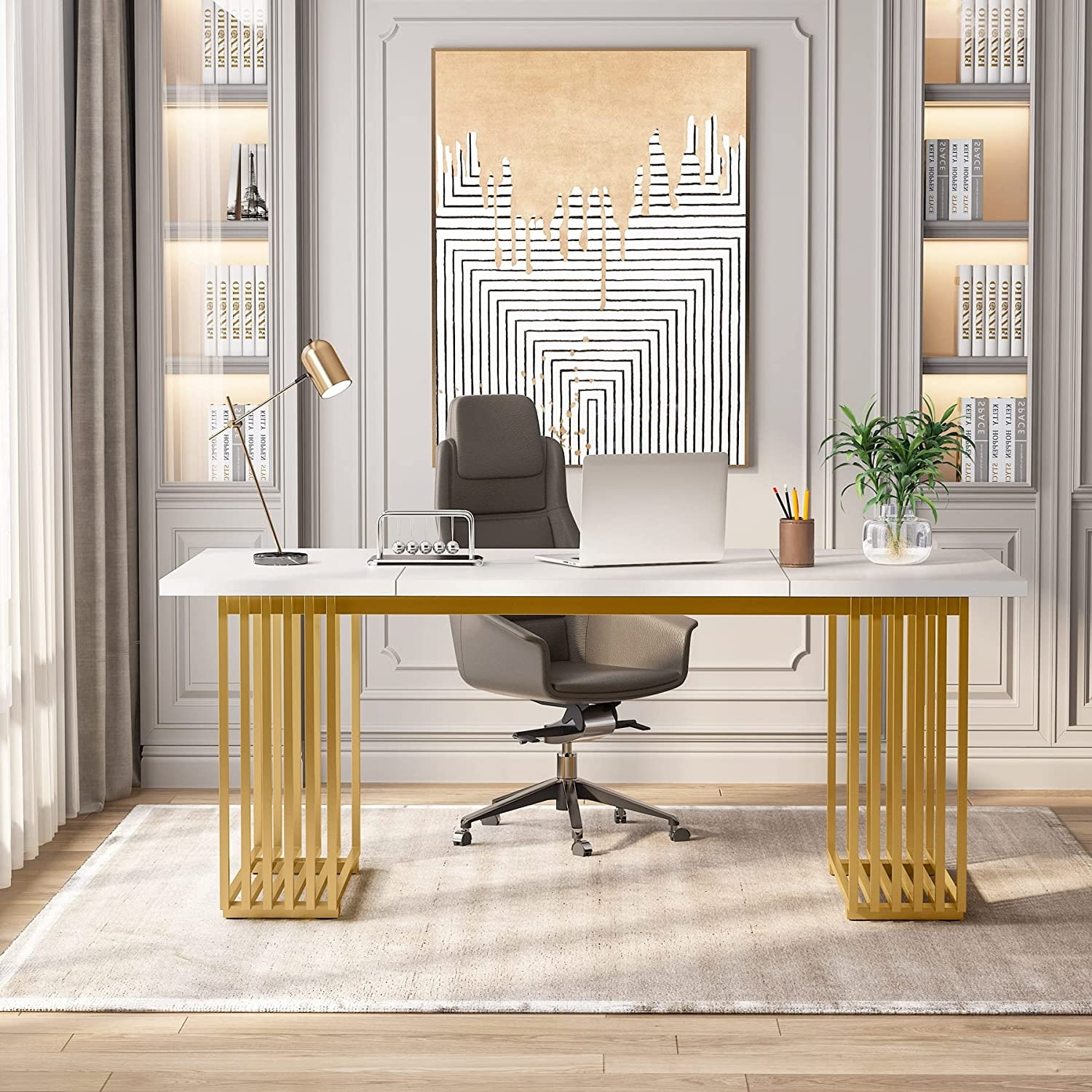 White and hotsell gold office table