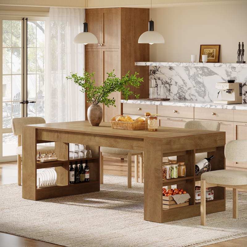 70.87-Inch Dining Table for 6 to 8 People, Wooden Kitchen Table with Storage Shelves for Dining Room