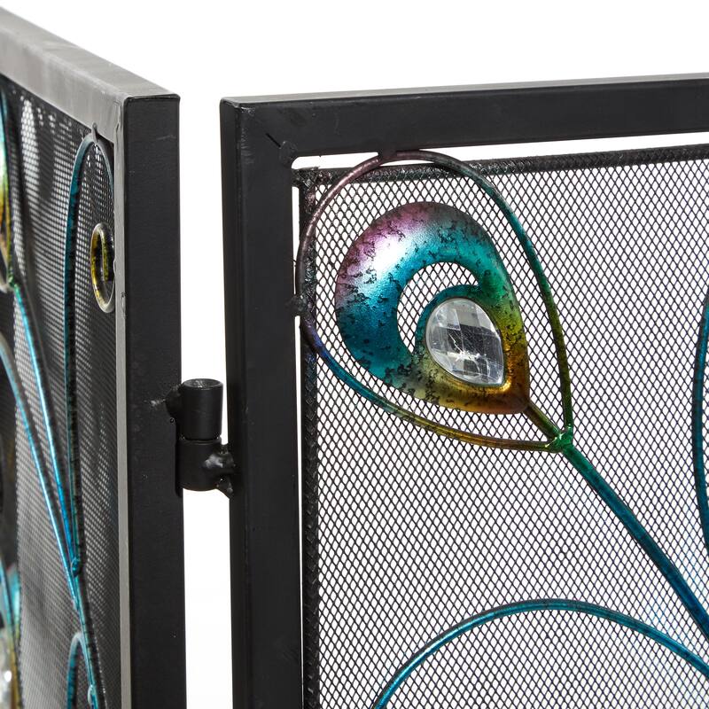 Blue Metal Rainbow 3 Panel Peacock Fireplace Screen with Crystal Accents and Black Frame