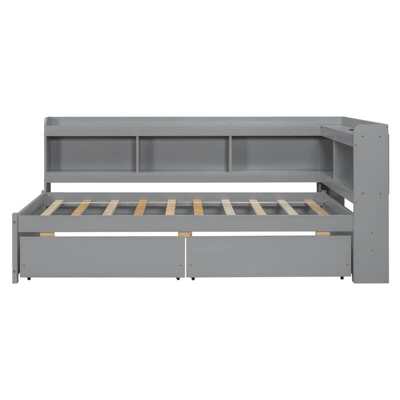 Twin Size L-shaped Bookcases Bed with Power Outlets