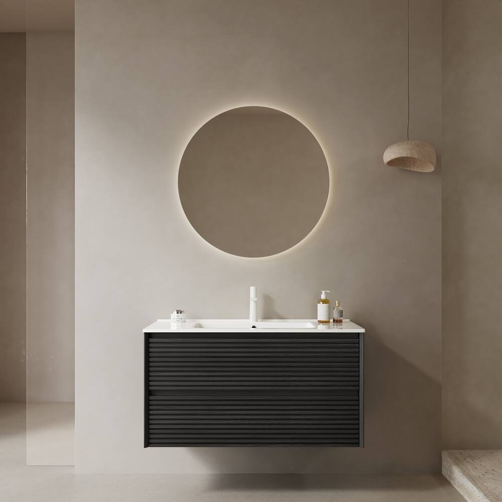 Minimalist Wall Floating Bathroom Vanity Horizontal Stripe Storage Cabinet with Integrated Sink and 2 Soft Close Drawers