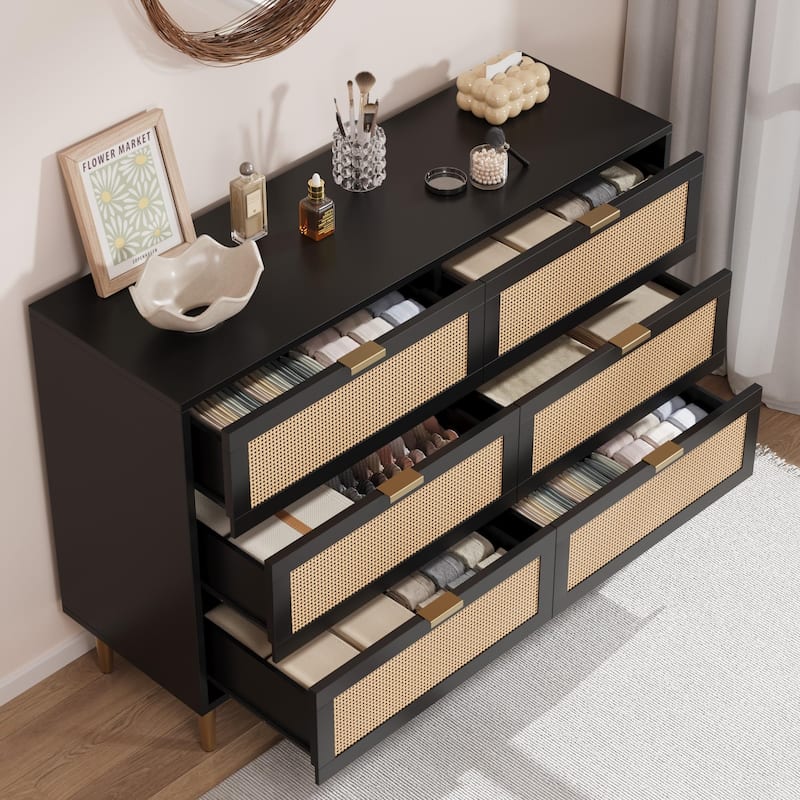 Natural Rattan 6 Drawer Dresser for Bedroom, Chest of Drawers with Gold Legs and Gold Handles, Wide Double Dresser