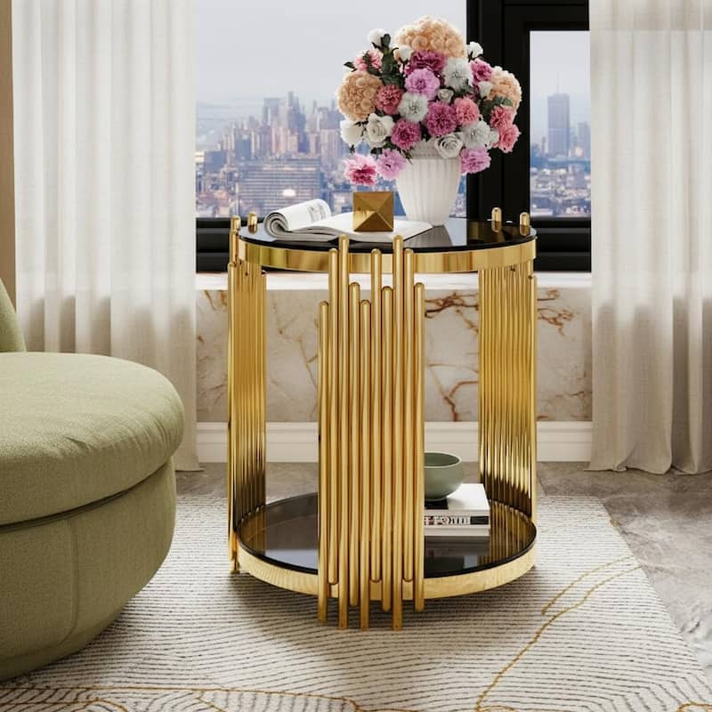 Round Gold & Glass End Table with 2-Tier Shelf and Sculptural Metal Base by Harper&Bright Designs - Black
