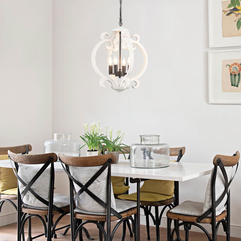 4-Light 15.74-inch Farmhouse Wooden Lantern Chandeliers for Entryway