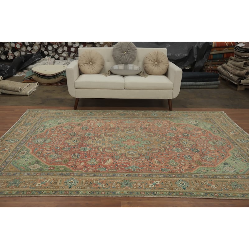 Hand Knotted Oriental 100% Wool Carpet Traditional Medallion Peach Tabriz Area Rug - 9' 5'' X 6' 5''
