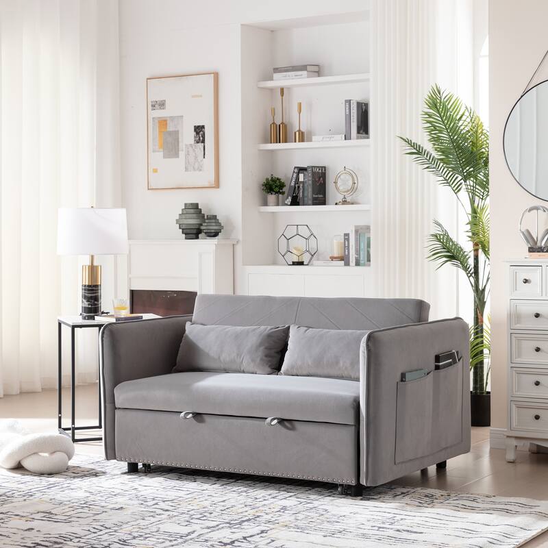 3 in 1 Convertible Sleeper Futon Sofa Bed, 55" Grey Velvet Loveseat with 2 Pillows, Reclining Backrest, Side Pockets