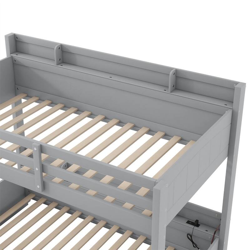 Twin over Full Bunk Bed with Storage Shelves, LED Light and a Drawer, Solid Wood Bunk Bedframe with USB Charging Station