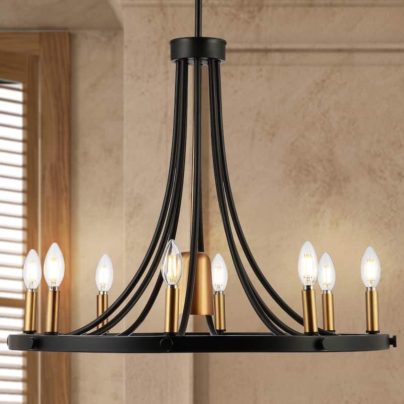 Bungalow 26.75" 9-Light Adjustable Iron Transitional Modern LED Chandelier, Black/Brass Gold by JONATHAN Y - Black/Brass Gold