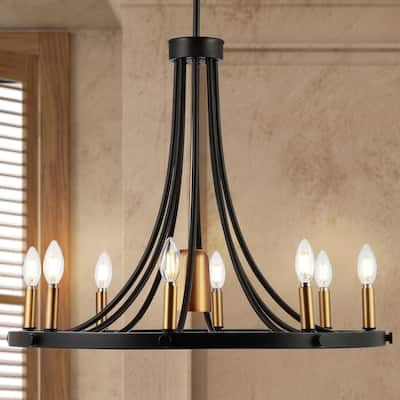Bungalow 26.75" 9-Light Adjustable Iron Transitional Modern LED Chandelier, Black/Brass Gold by JONATHAN Y