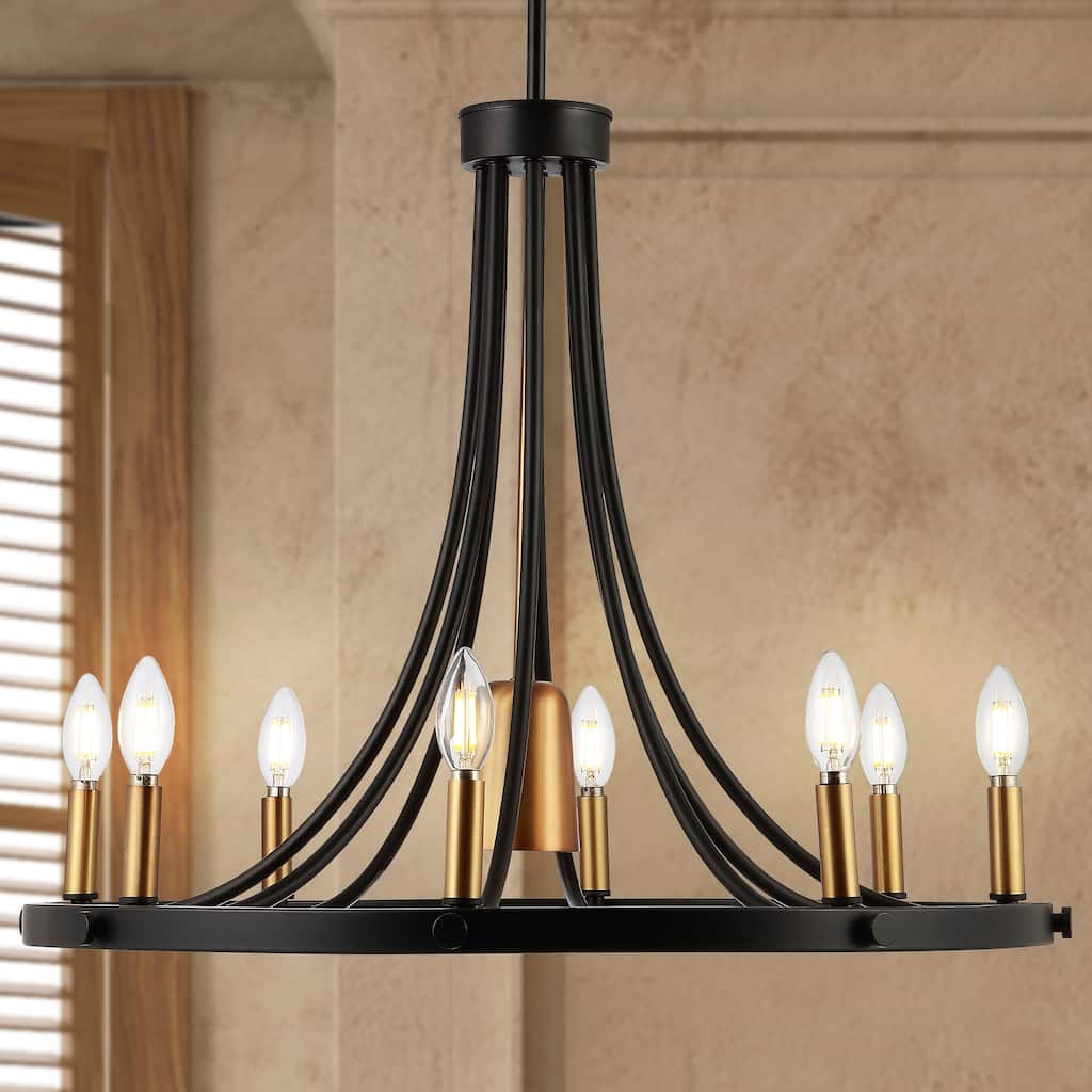 Bungalow 26.75" 9-Light Adjustable Iron Transitional Modern LED Chandelier, Black/Brass Gold by JONATHAN Y