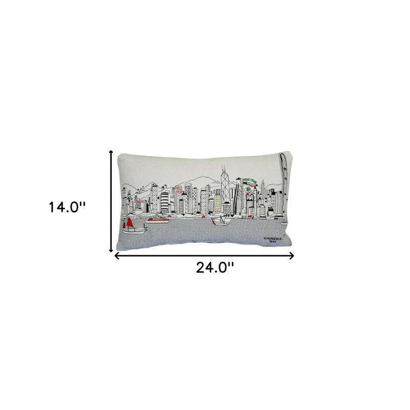 24" White Hong Kong Daylight Skyline Lumbar Decorative Pillow