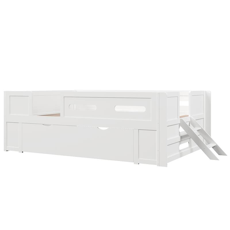 Kids Low Loft Bed with Stairs, Large Drawer and Guardrail, Semi-Enclosed Fence Platform Toddler Bed, Wooden Storage Daybed
