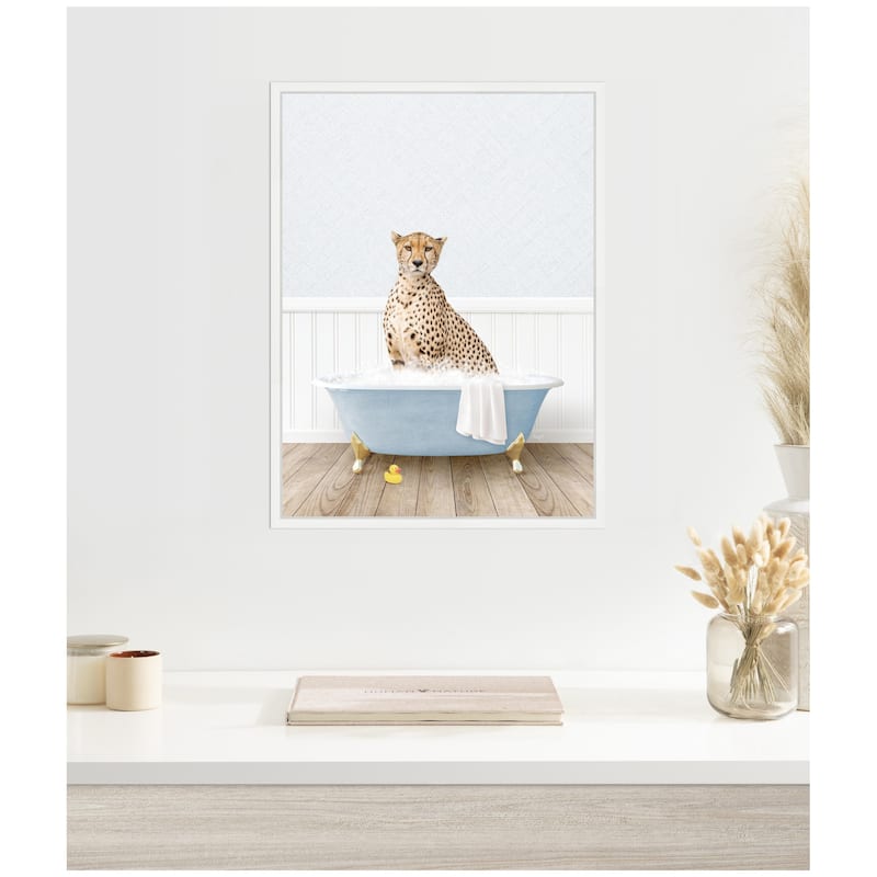Kate and Laurel Sylvie Cheetah in Cottage Blue Bathtub Framed Canvas by Amy Peterson