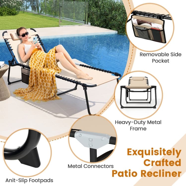 Fabric Metal Oversized Folding Patio Chaise Lounge with Adjustable Backrest, Side Pocket - 66"-74" x 27" x 16"-34" (L x W x H)