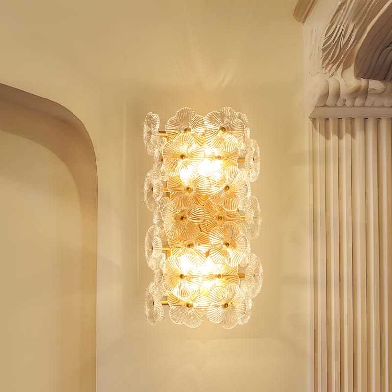 Starsky 2-Light Gold Floral Glass Wall Sconce ,Decorative Wall Lamp with Textured Glass Shade for Indoor Spaces
