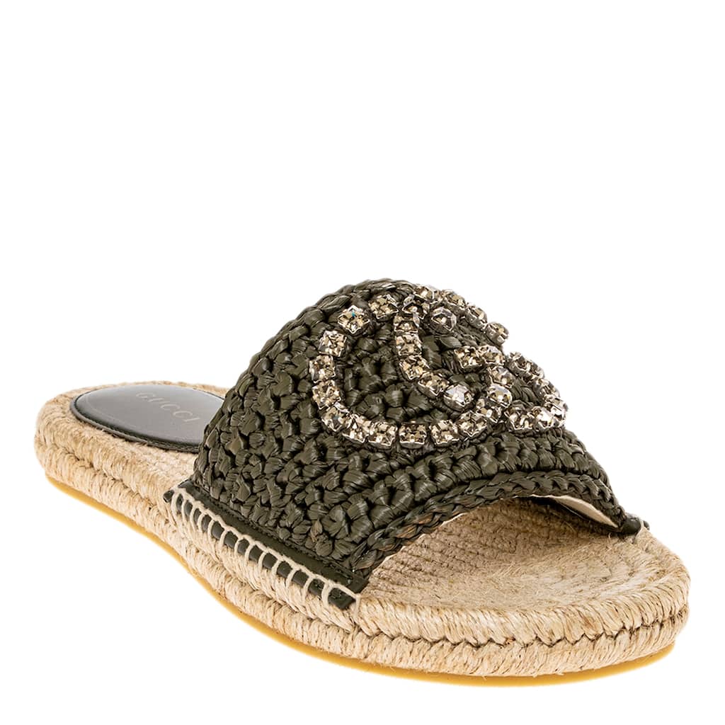 Gucci GG Crystal Embellished Raffia Slides