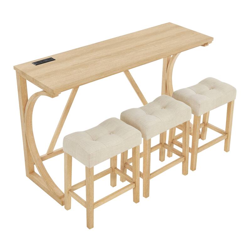 59" Bar Table Set with Power Outlet, Industrial Breakfast Table with 3 Stools, 4 Piece Counter Height Bar Table and Chair Set