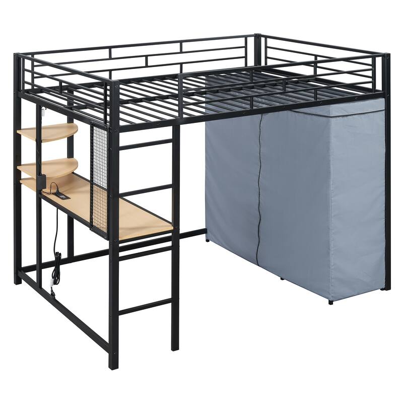 Modern Loft Bed with Desk & Wardrobe, Metal Loft Bed Frame with Shelves, USB Power Outlet, LED Light, for Kids Teens Adults