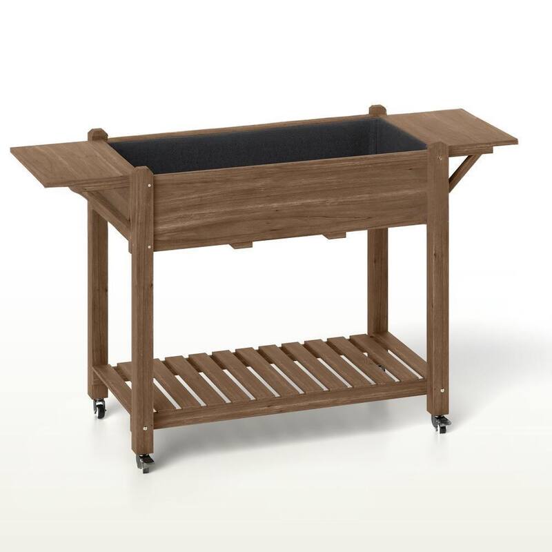 Planter Box Caster Wheel & Storage Shelf, Drain Hole, Solid Fir Wood - Black+Brown