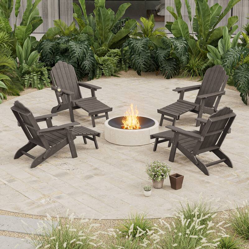 3-Position Adjustable Folding Adirondack Chair W/ Ottoman for Outdoor - Brown - 4-Piece