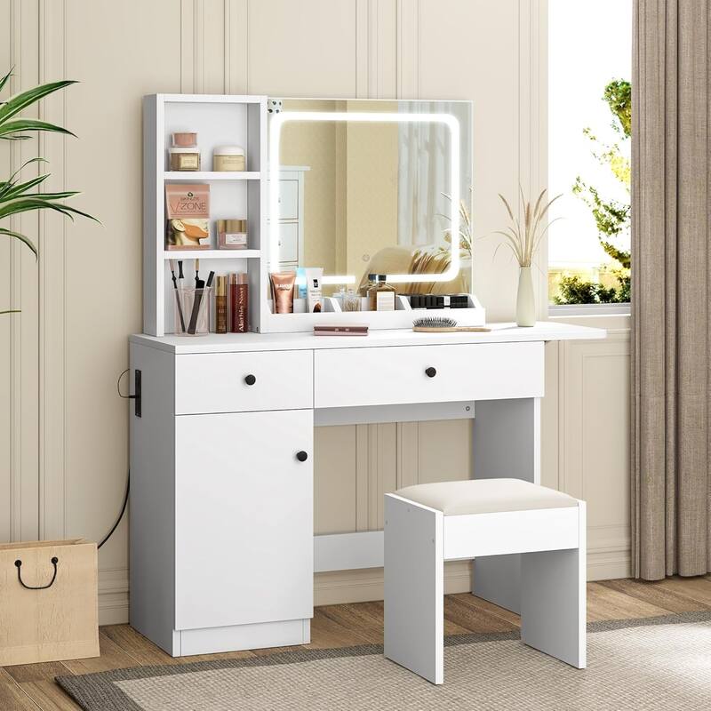 Makeup Vanity Desk with Mirror & Lights, Drawer, Power Outlet, Chair & 3 Shelves, Vanity Table Set for Bedroom