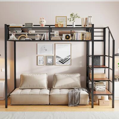 Twin Metal Loft Bed with Storage Shelf & Ladder, Full Length Guardrail