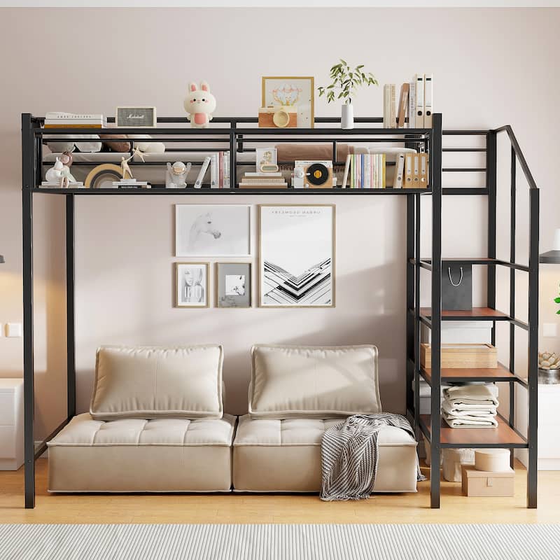 Twin Size Metal Loft Bed with Storage Shelf and Ladder, Black