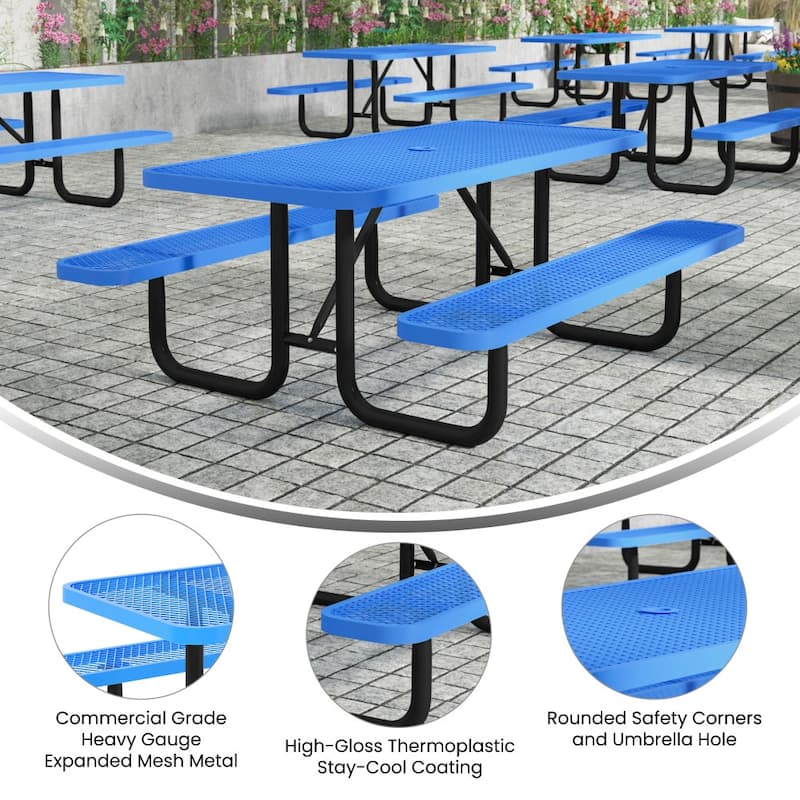 Commercial Grade Expanded Mesh Metal Outdoor Picnic Table - 72.25"D x 61.75"W x 29.5"H