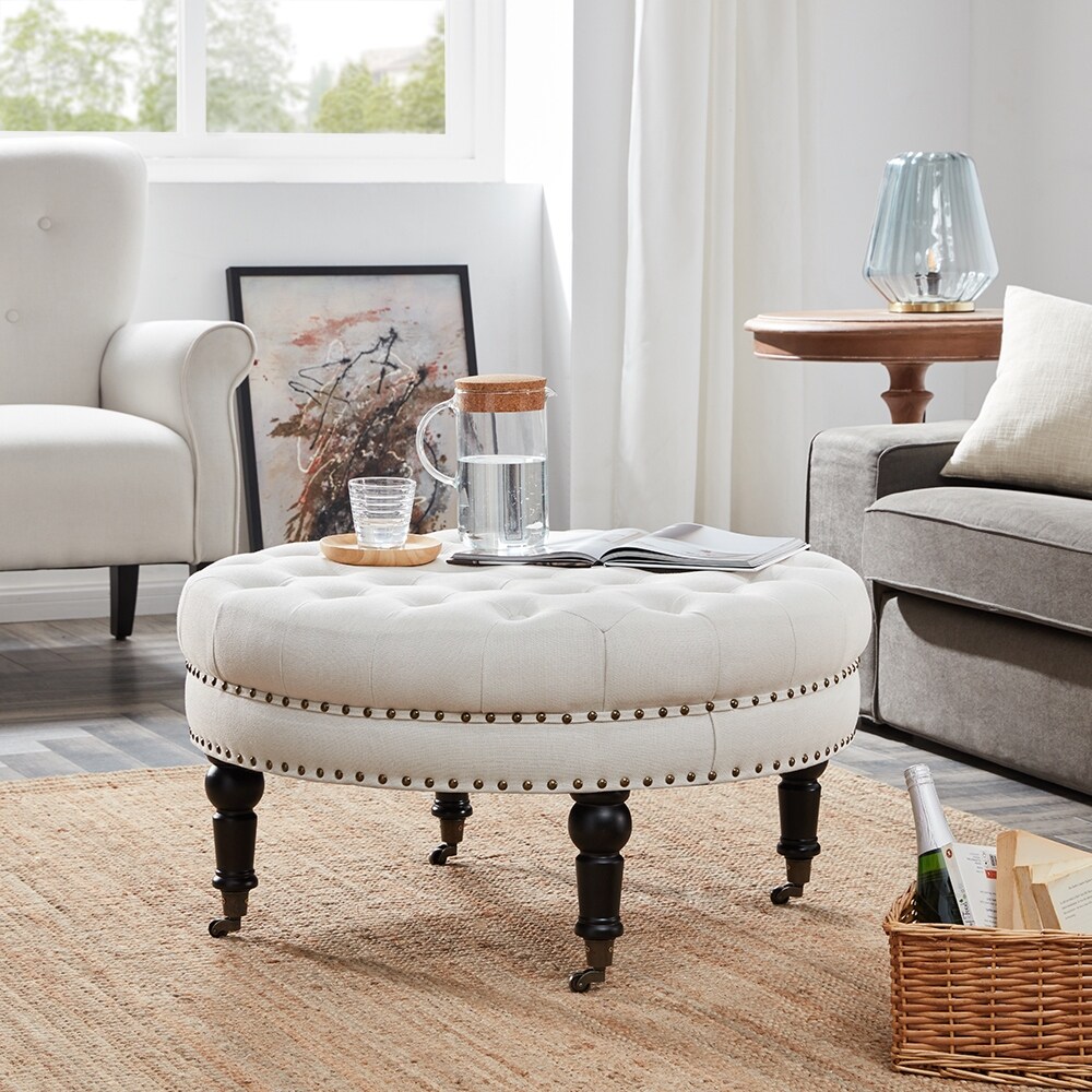 Shop Belleze Large Ottoman Cushion Round Tufted Linen Bench W