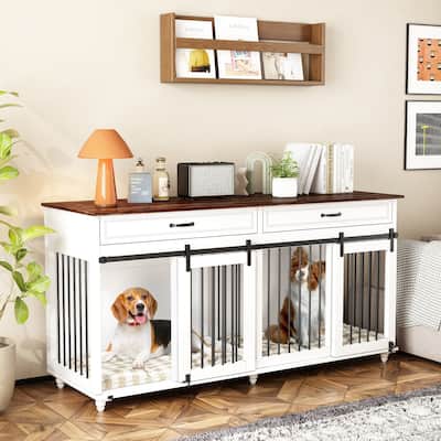 Large Dog Crate Furniture Spacious & Versatile White and Walnut Finish