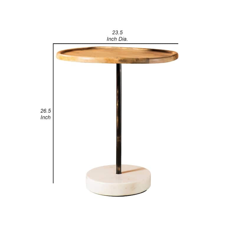 27 Inch Modern Accent End Table, Round Marble Base, Wood, White and Brown