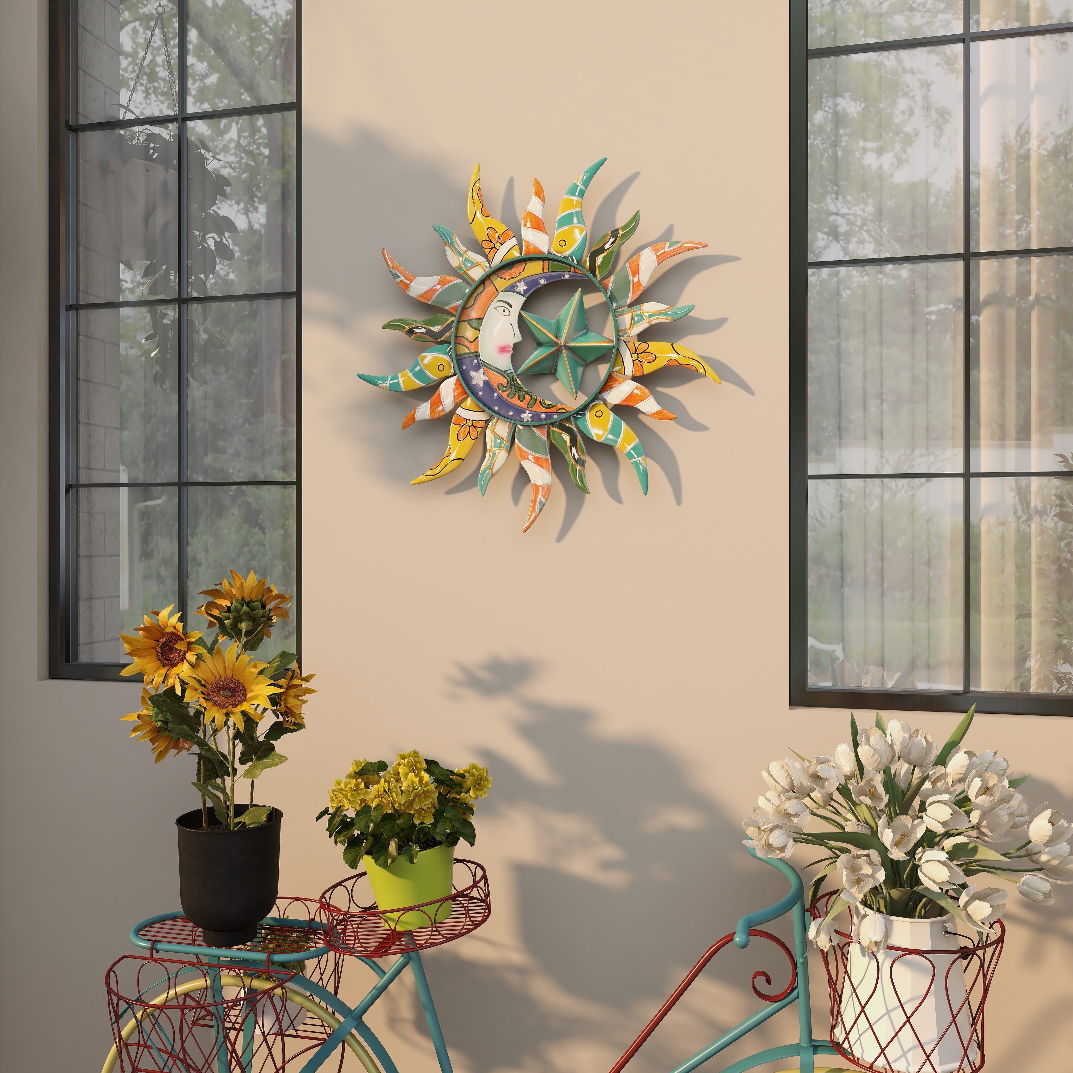 Multi Color Metal Eclectic Whimsical Celestial Sun Art Wall Sculpture