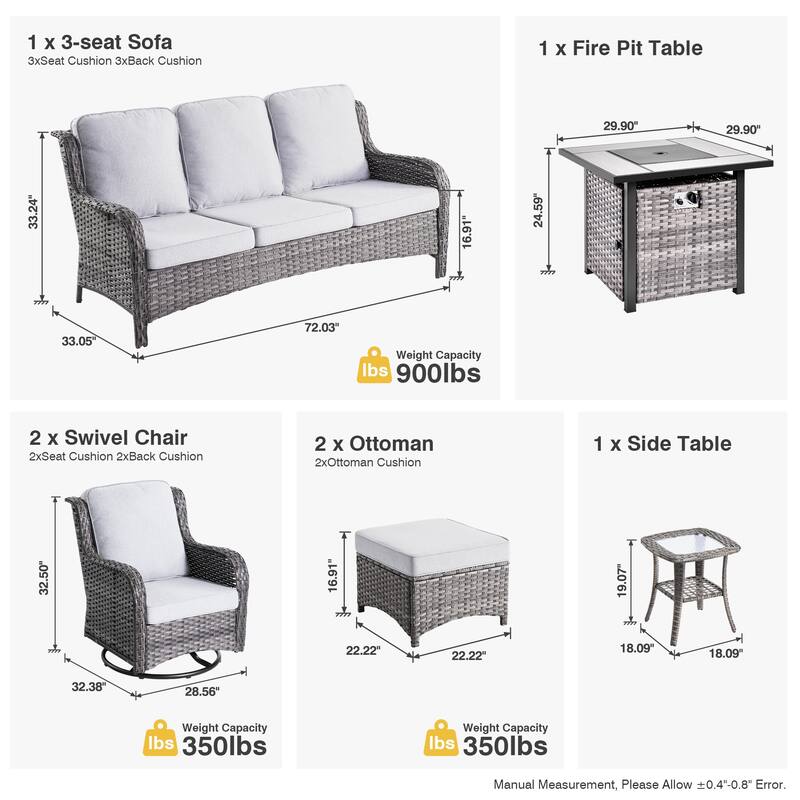 OVIOS 7-piece Patio Swivel Chair Set with 30" Fire Pit