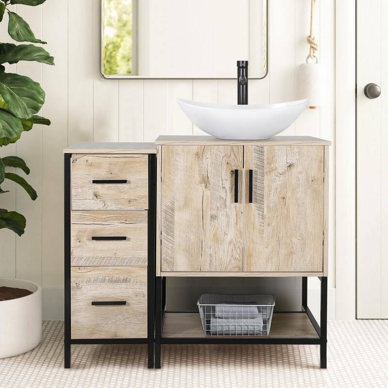 36" Bathroom Vanity Cabinet W/ Sink Faucet Drain Set Top Side Cabinet Combo - white ceramic boat sink