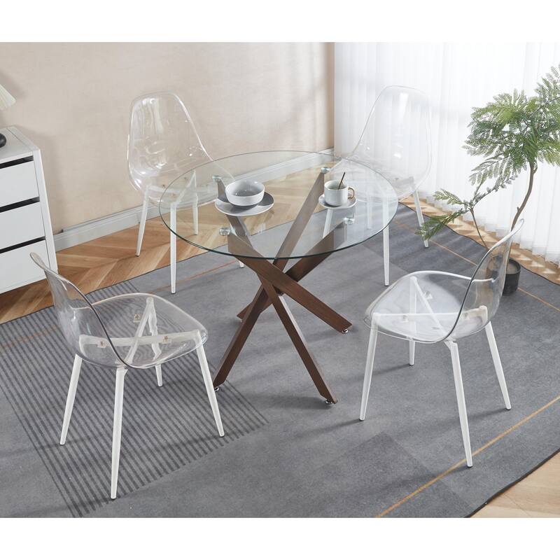 Round Glass Dining Table for 4-Person, Kitchen Table with Tempered Glass Top & Cross Metal Legs, Leisure Table for Small Places