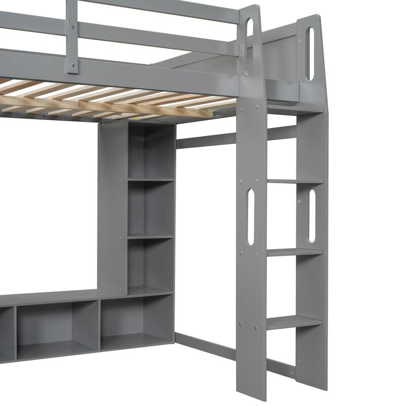 Wood Full Size Gaming Loft Bed with Desk, Multi-storage Shelves, LED and a Hanging Clothes Rack