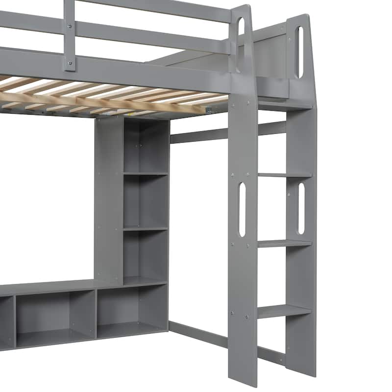 Wood Gaming Loft Bed with LED, Desk, Cabinets, Clothes Rack聽