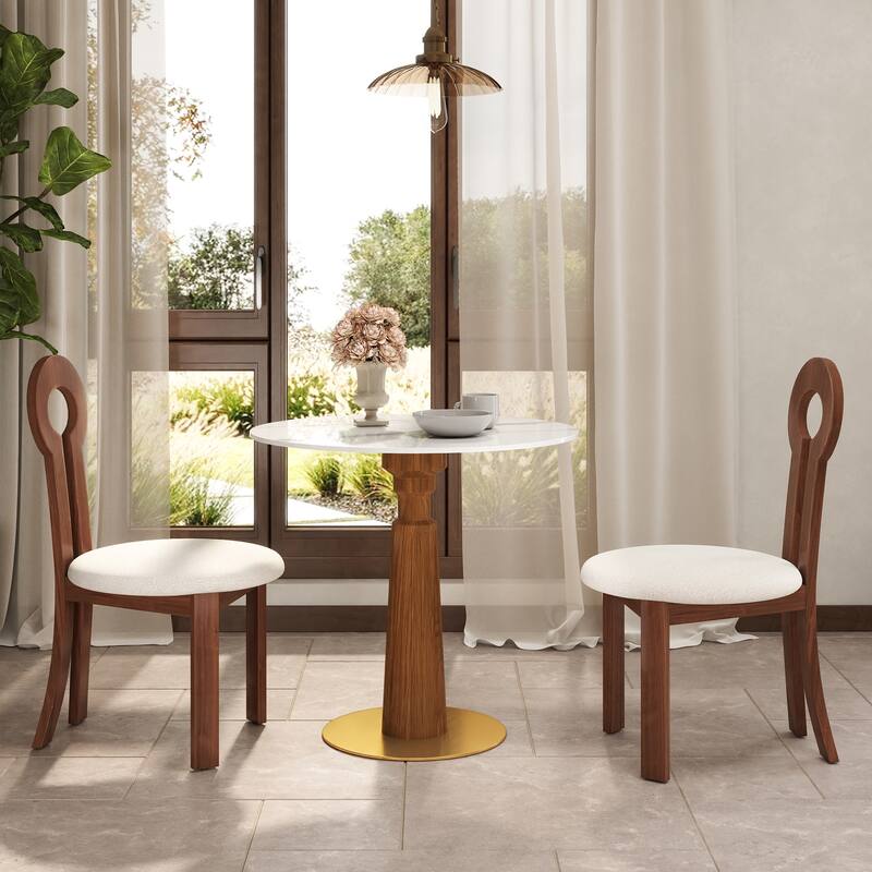 33" Retro Round Side Table, Glass & Sintered Stone Tabletop Dining Table with Solid Wood Pedestal