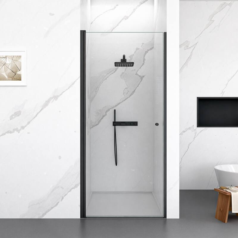 Anmytek Frameless Circular Pivot Shower Door - 1/4" SGCC Tempered Glass, 34W x 72H, Matte Black