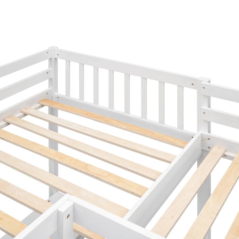Space-Saving Twin L-Shaped Loft Bed with 2 Built-in Desks, Ladder, and Wooden Slat Support