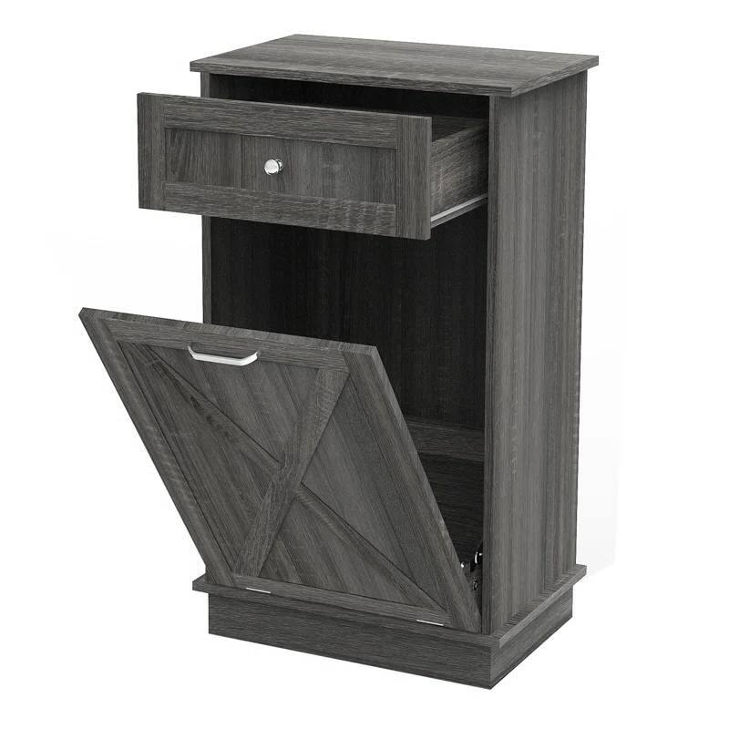 Wood 10-Gallon Tilt-Out Trash Can Cabinet Manual Lift - Grey